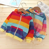 Autumn Horizontal Striped Long-sleeved Zipper Cardigan Hooded Jacket For Girls (Color:Blue Yellow Stripes Size:140cm)